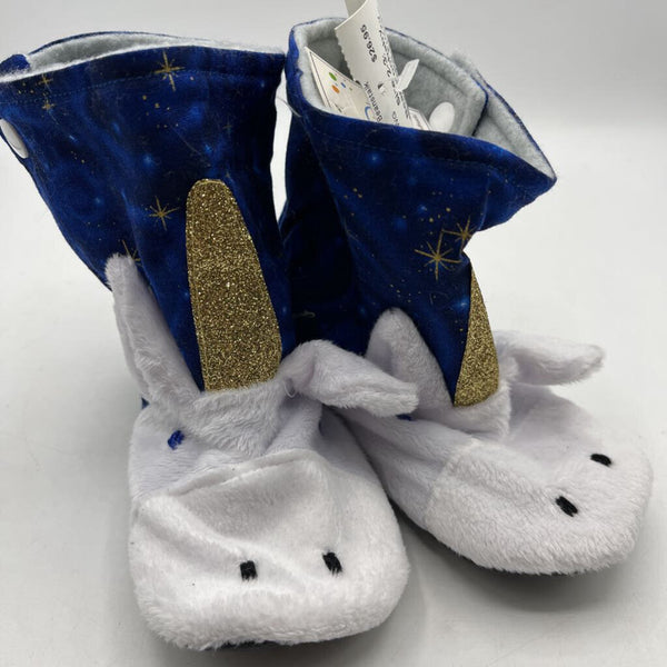 Size 2-3: Beaneroobaby Blue/White Fuzzy Sparkly Unicorn Pop-Up Soft Sole Booties-NEW