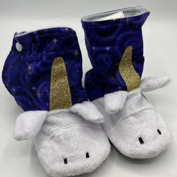 Size 3-4: Beaneroobaby Purple/White Fuzzy Sparkly Unicorn Pop-Up Soft Sole Booties-NEW