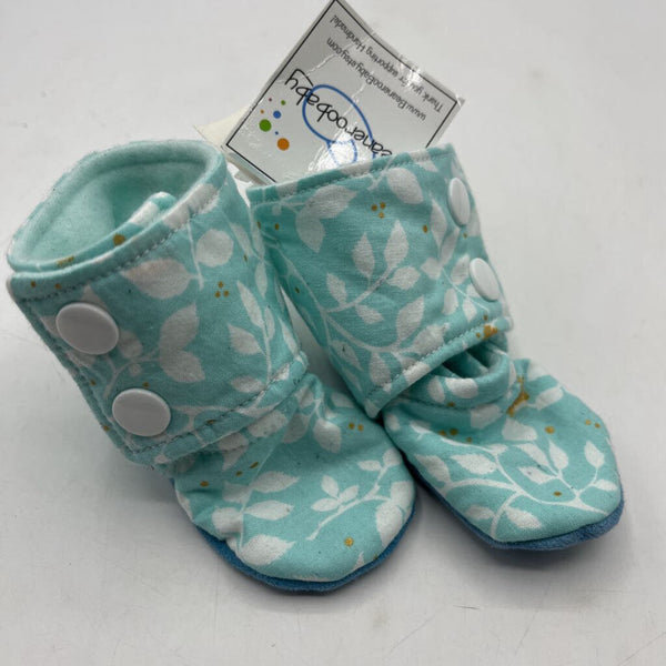 Size 3-6m: Beaneroobaby Blue/Gold Leaves & Golden Splotches Soft Leather Sole Booties-NEW