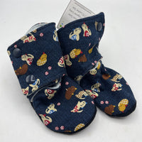 Size 12-18m: Beaneroobaby Dark Blue Cats Print Soft Leather Sole Booties-NEW