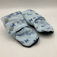 Size 9-12m: Beaneroobaby Blue Cats & Dogs Print Soft Leather Sole Booties-NEW