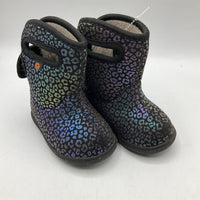 Size 4: Baby Bogs Black Iridescent Leopard Fleece-Lined Pull-On Velcro Strap Rain Boots