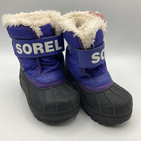 Size 7: Sorel Purple/Black Fuzzy Lined Velcro Strap Snow Boots