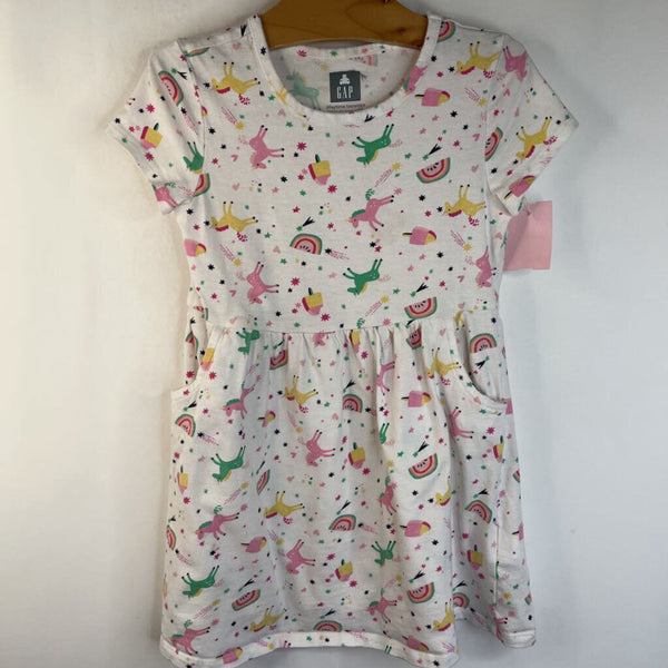 Size 5: Gap White/Colorful Unicorns & Rainbows Short Sleeve Dress