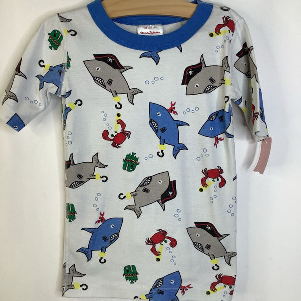 Size 8 (130): Hanna Andersson White/Light Blue Grey Sharks Short Sleeve Short 2pc PJs