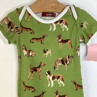 Size 6-12m: Milkbarn Green Brown Dogs Pattern Short Sleeve Long Romper