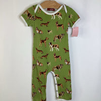 Size 6-12m: Milkbarn Green Brown Dogs Pattern Short Sleeve Long Romper