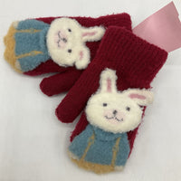 Size XS: Red Bunny Print Knitted Mittens