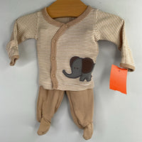 Size Preemie: Carter's White/Brown striped w/ Elephant Long sleeve 2pc PJs