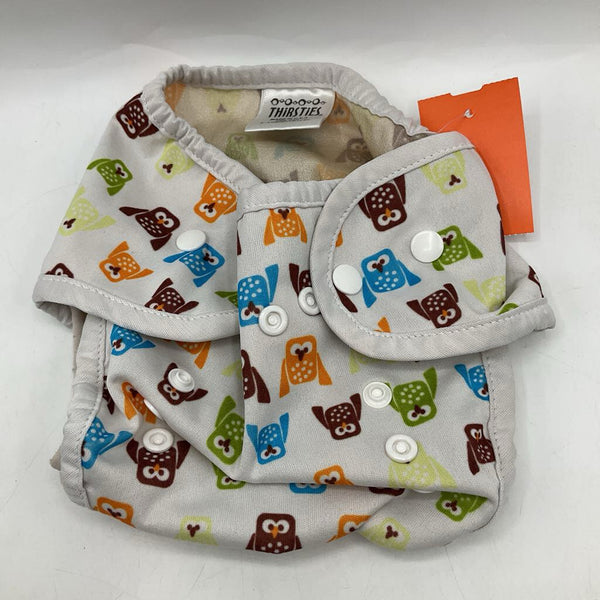Size 0-9m: Thirsties White Brown/Orange/Green/Blue Owls Adjustable Snap Diaper Cover