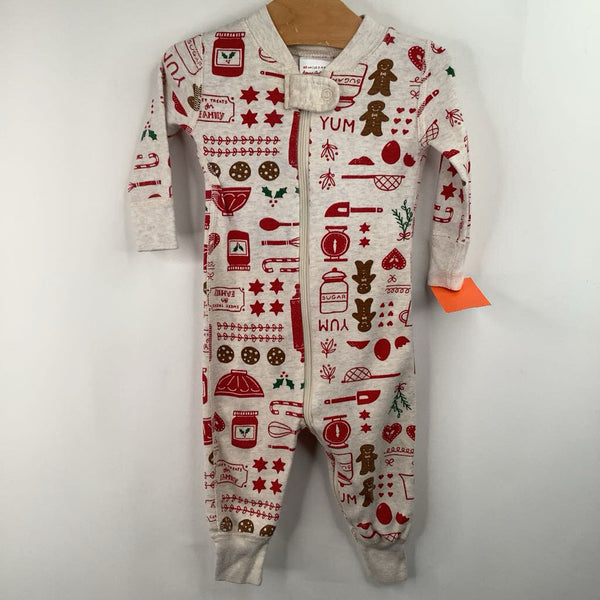 Size 3-6m (60): Hanna Andersson Creme Red/Brown Sweets/Gingerbread Man Zip-Up 1pc PJs