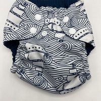 Size 1: Essembly Blue/White Ships Print Adjustable Snap Diaper Cover