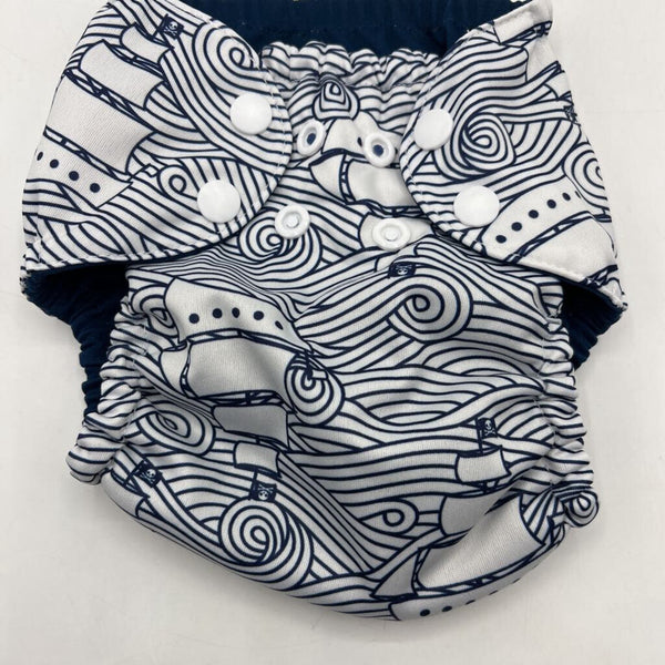 Size 1: Essembly Blue/White Ships Print Adjustable Snap Diaper Cover