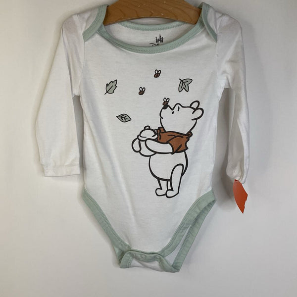 Size 12m: Disney Baby White/Light Green Pooh Bear Long Sleeve Onesie
