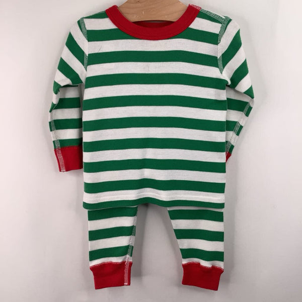 Size 9-12m (70): Hanna Andersson Green/White Striped 2pc PJs