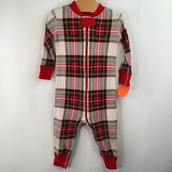 Size 12-18m (75):Hanna Andersson White/Red/Green Plaid 1pc PJs