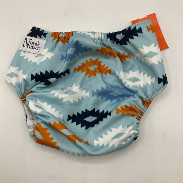 Size O/S: Nora's Nursery Light Blue Orange/White/Black Squiggle Pattern Adjustable Snap Diaper