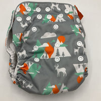 Size OS: Thirsties Grey/White/Orange/Green Clouds/Mountains Adjustable Snap-Up Diaper w/ Insert