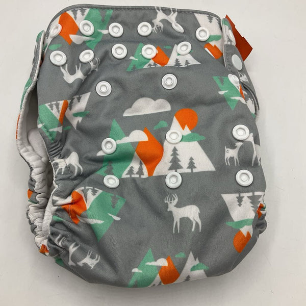 Size OS: Thirsties Grey/White/Orange/Green Clouds/Mountains Adjustable Snap-Up Diaper w/ Insert