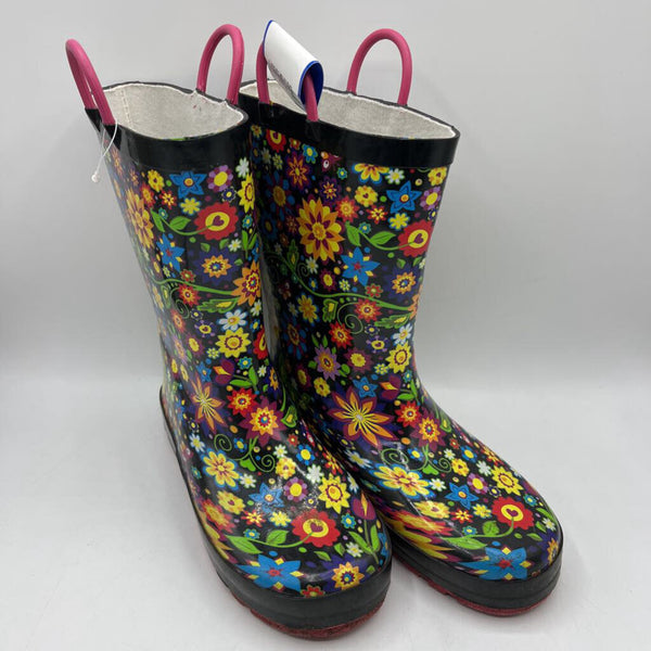Size 1Y: Western Chief Black Colorful Floral Rainboots