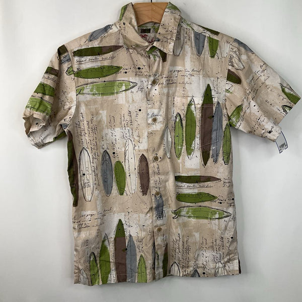 Size 8: Kahala Tan/Green Surfboards Tropical Button-Up Shirt