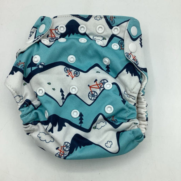 Size O/S: Thirsties Blue Mountain Bike Print Adjustable Snap Diaper
