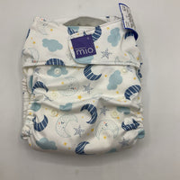Size O/S: Bambino Mio White/Blue Moons Print Adjustable Velcro Strap Diaper