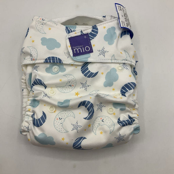 Size O/S: Bambino Mio White/Blue Moons Print Adjustable Velcro Strap Diaper