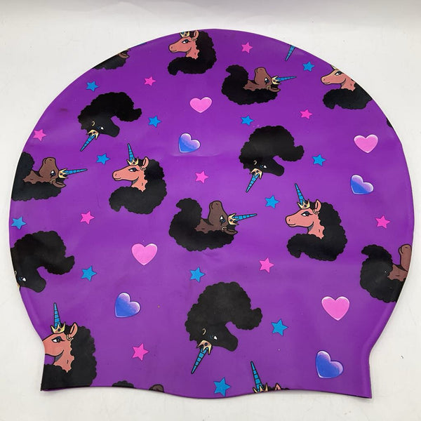 Afro Unicorn Purple Swim Cap