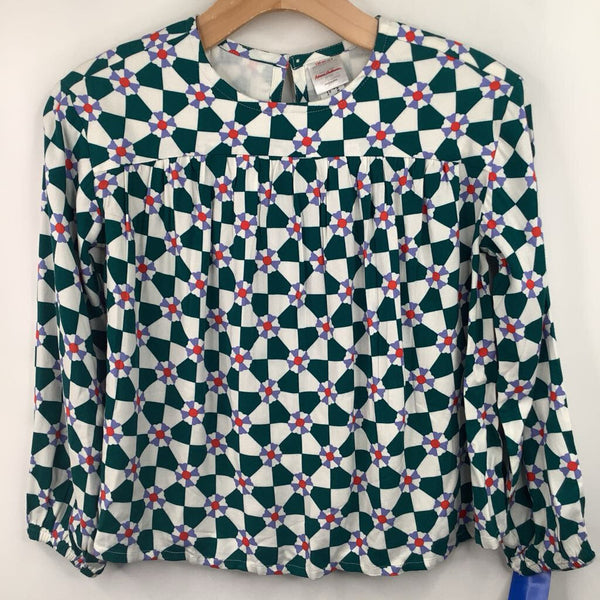 Size 8 (130): Hanna Andersson Green White Blue Long Sleeve Long Sleeve Blouse