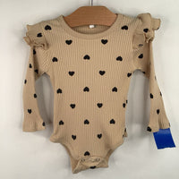 Size 6-9m: Beige Black Heart Long Sleeve Onesie