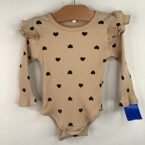 Size 6-9m: Beige Black Heart Long Sleeve Onesie