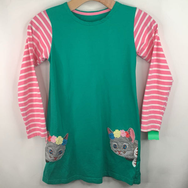 Size 7: Green Pink Striped Kitty Applique Long Sleeve Dress