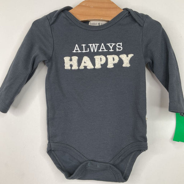 Size 3-6m: Rabbit + Bear Grey "Always Happy" Long Sleeve Onesie