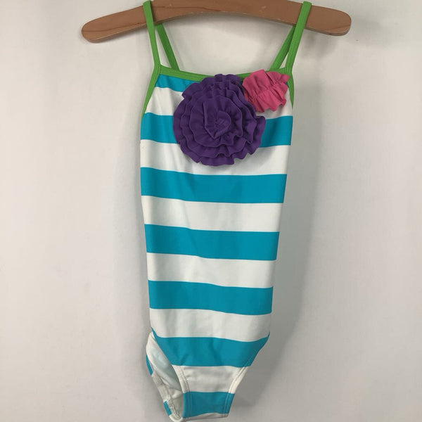 Size 5 (110): Hanna Andersson Blue/White Striped Floral 1pc Swimsuit