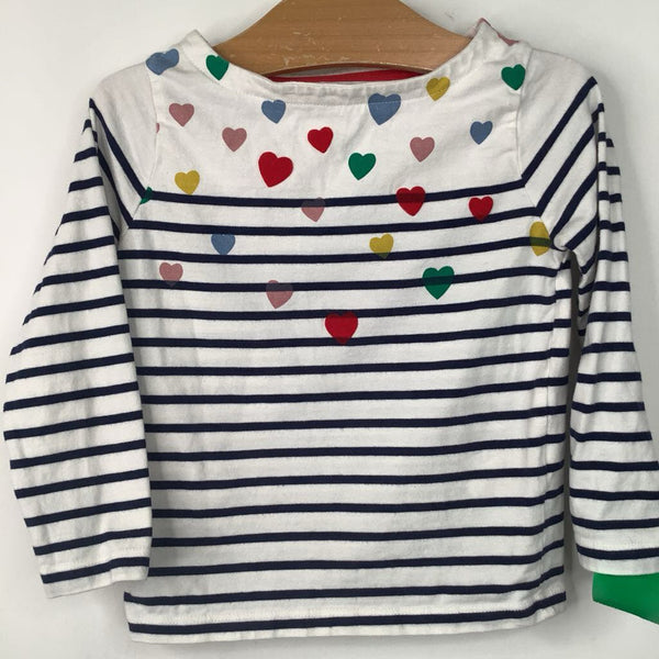 Size 3-4: Boden White/Navy/Multicolor Heart Long Sleeve Shirt