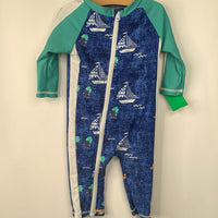 Size 6-9M: Swim Zip Navy/Teal Sailboat Long Sleeve 1pc Swim Suit