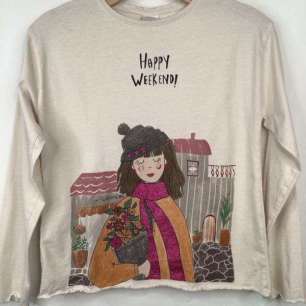 Size 11-12: Zara White "Happy Weekend" Flower Girl Long Sleeve Shirt Sleeve Shirt
