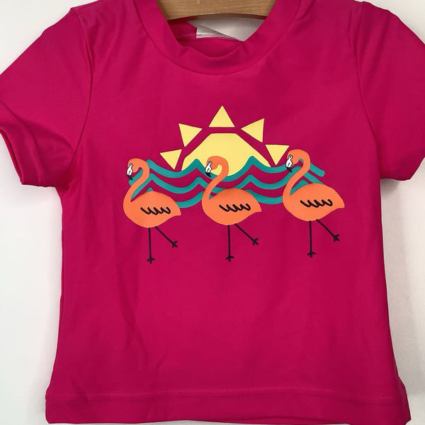 Size 6-7 (120): Hanna Andersson Pink Flamingo Print Swim T-Shirt -NEW W/Tag
