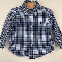 Collectors Corner Size 9m: Ralph Lauren Blue/Black Plaid Stretch Poplin Button Up Long Sleeve Shirt