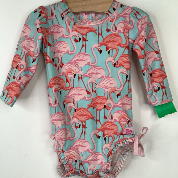 Size 6-12m: Ruffle Butts Blue Flamingo Print 1pc Swimsuit