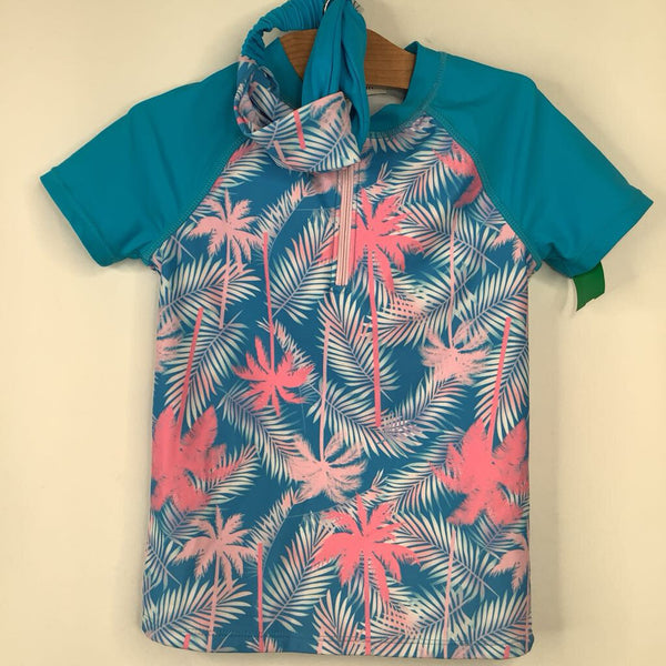 Size 7: Grace Karin Blue/Pink Palm Trees 4pc Swim Set