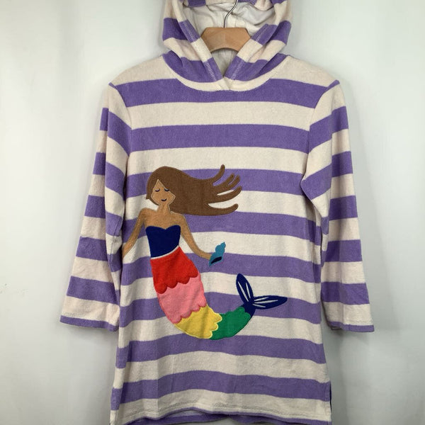 Size 9-10: Mini Boden Purple/White Stripe Mermaid Terrycloth Hooded Long Sleeve Cover Up Dress