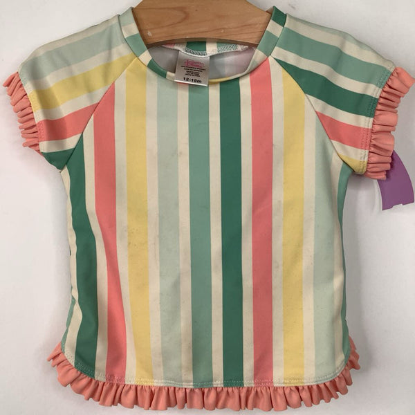 Size 12-18m: Ruffle Butts Green Yellow Peach Striped 2pc Swim Shirt & Bottoms
