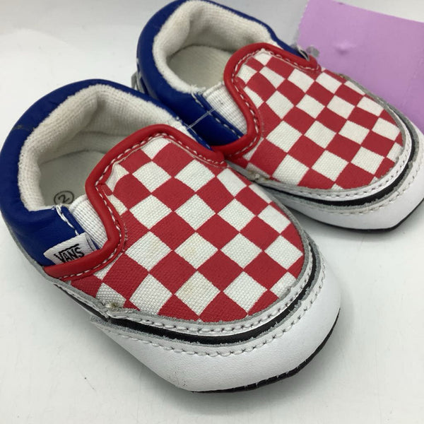 Size 2: Vans Red/White/Blue Checkered Soft Soled Velcro Strap Shoes
