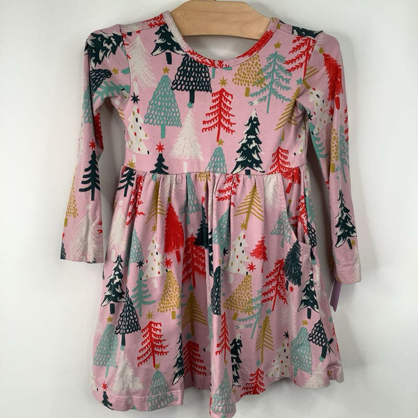 Size 2 (85): Hanna Andersson Pink/Colorful Christmas Trees Long Sleeve Dress