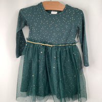 Size 2 (85): Hanna Andersson Green/Gold Polka Dot Long Sleeve Dress REDUCED