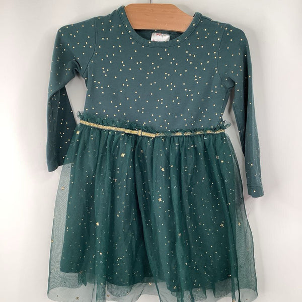 Size 2 (85): Hanna Andersson Green/Gold Polka Dot Long Sleeve Dress REDUCED