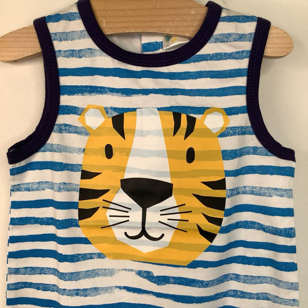 Size 6m: Peppy Mini Blue/White Striped Tiger Print Short Sleeve Short Romper-NEW W/Tag
