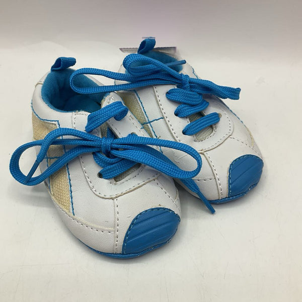 Size 3: White/Blue Soft Soled Lace-Up Sneakers